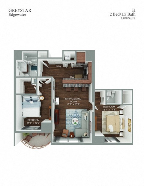 Floor plan for 2 beds, 1.5 baths, 1068 sqft